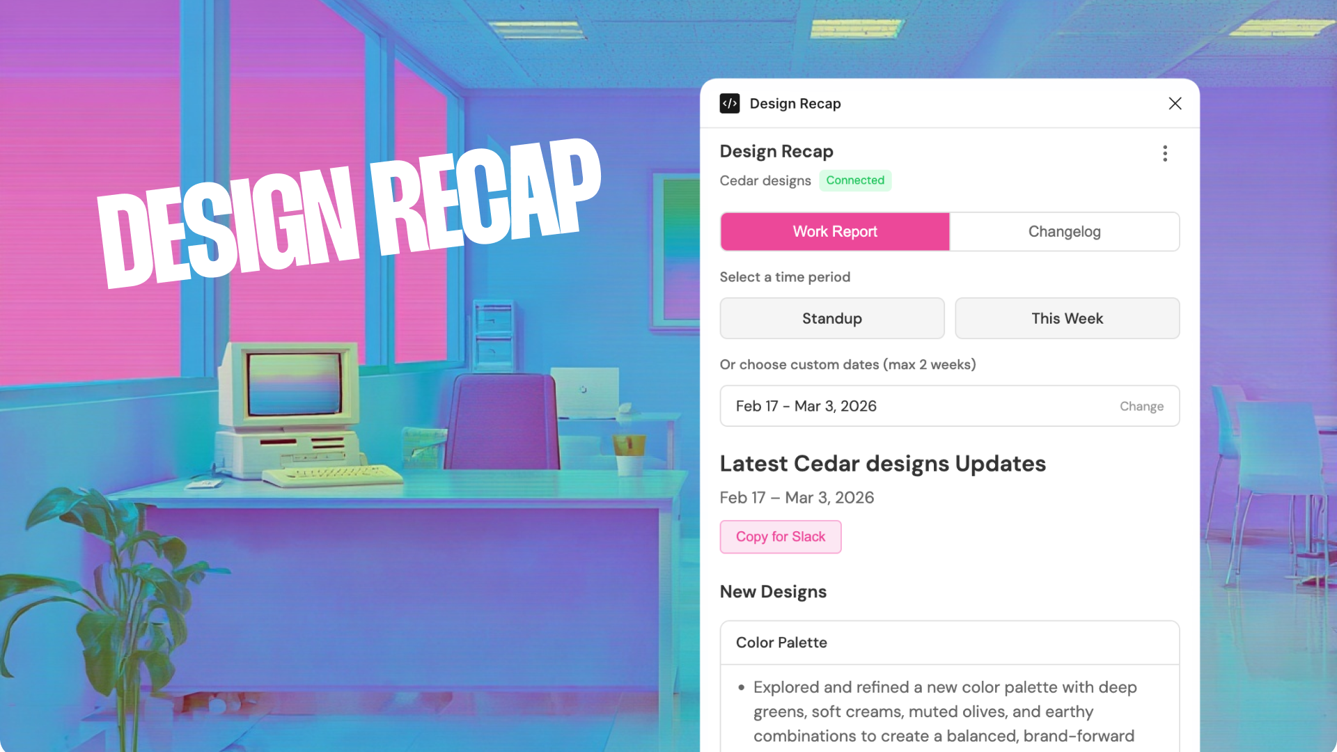 Design Recap Figma plugin showing a work report